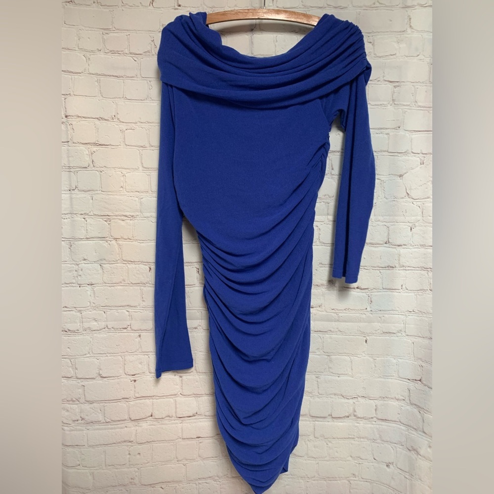 Runway The Label Candor Ruched Bodycon Off the Shoulder Knit Cobalt Dress Size L - Picture 7 of 7
